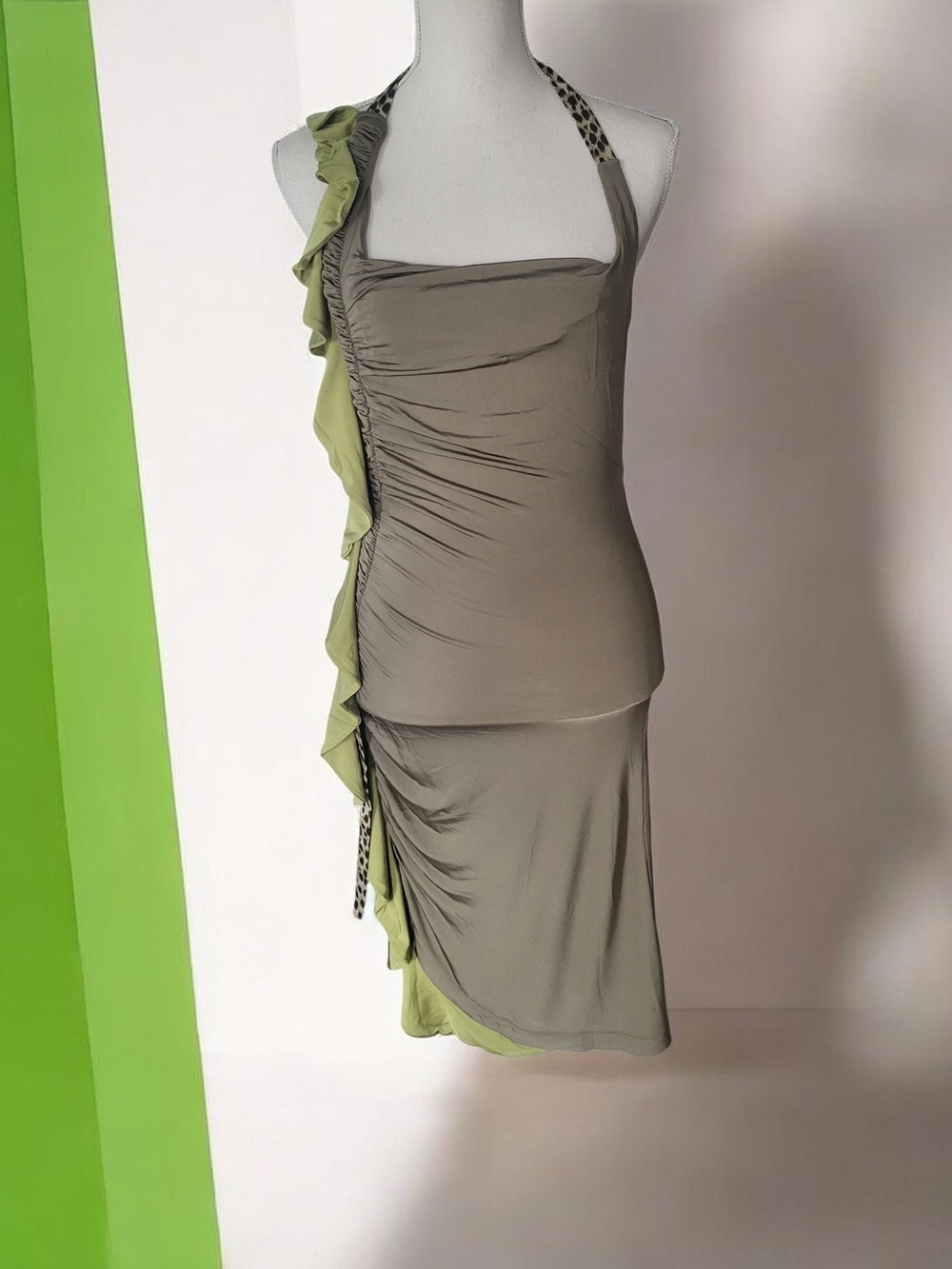 Just Cavalli Olive and Lime One-Shoulder Ruffle Jersey Midi Dress